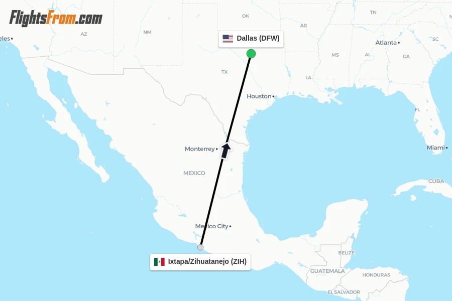 Flights from Ixtapa/Zihuatanejo to Dallas route map
