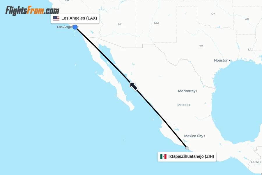 Flights from Ixtapa/Zihuatanejo to Los Angeles route map