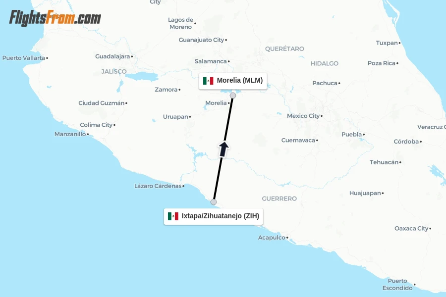 Flights from Ixtapa/Zihuatanejo to Morelia route map