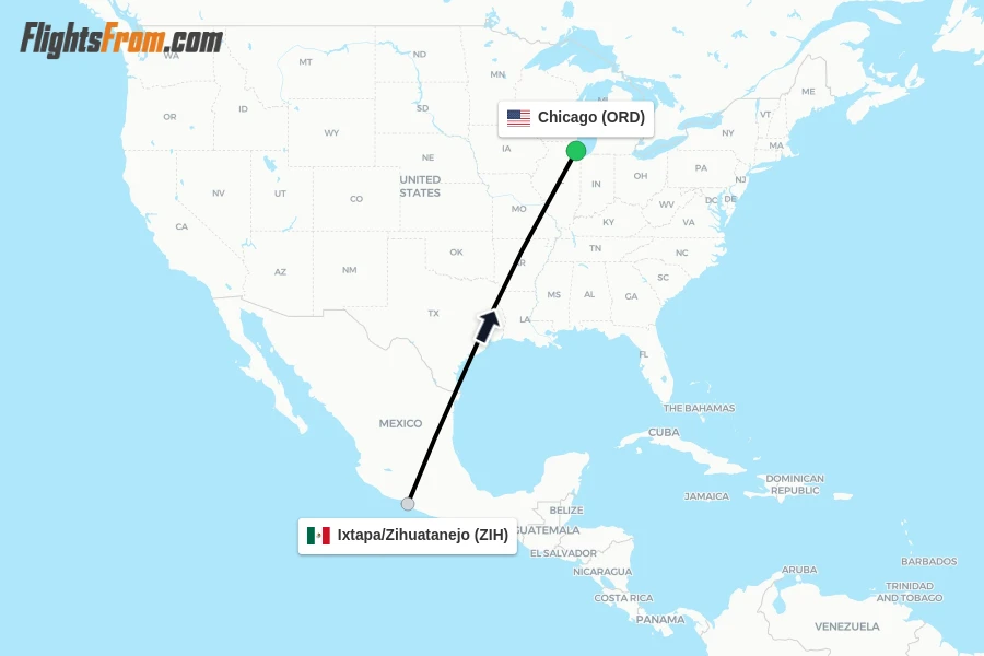 Flights from Ixtapa/Zihuatanejo to Chicago route map