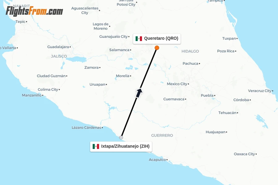Flights from Ixtapa/Zihuatanejo to Queretaro route map