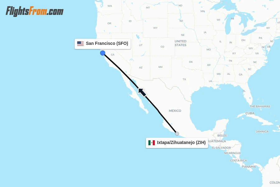 Flights from Ixtapa/Zihuatanejo to San Francisco route map
