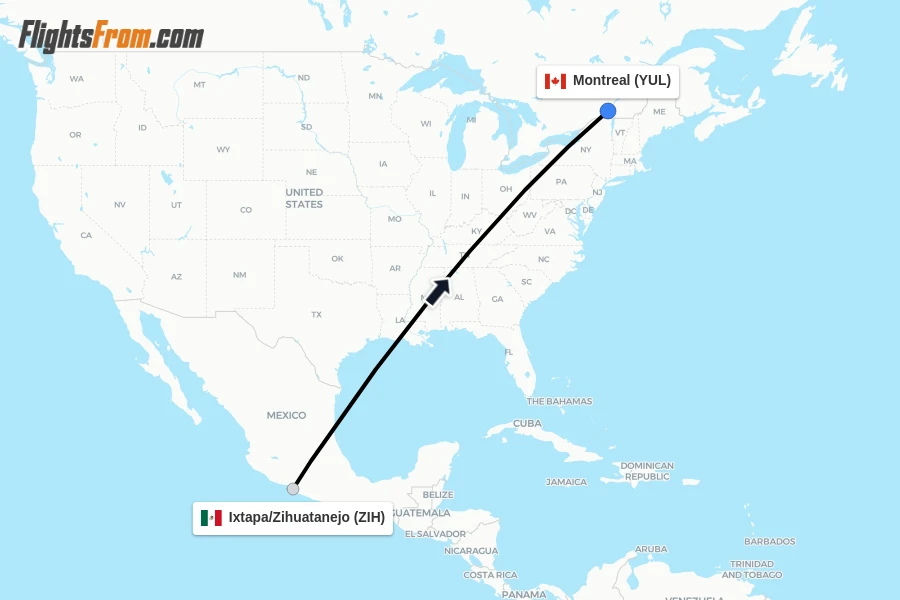 Flights from Ixtapa/Zihuatanejo to Montreal route map