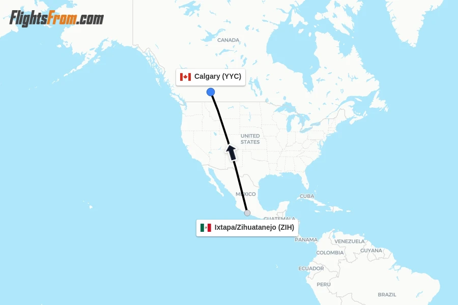 Flights from Ixtapa/Zihuatanejo to Calgary route map