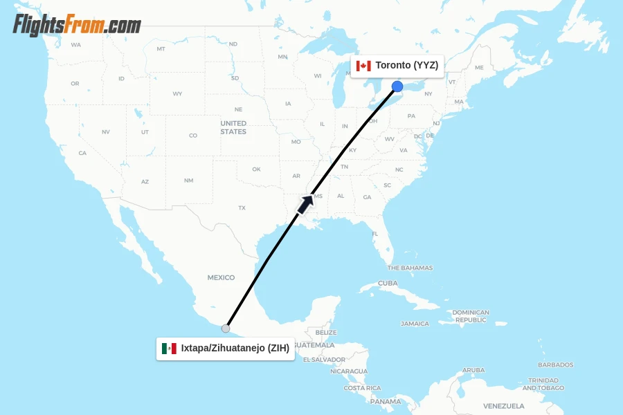 Flights from Ixtapa/Zihuatanejo to Toronto route map