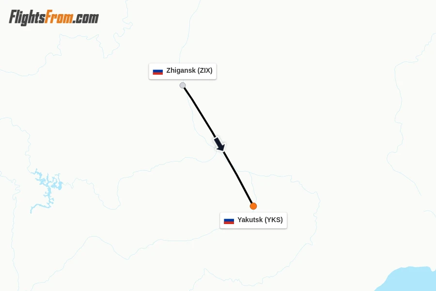 Flights from Zhigansk to Yakutsk route map