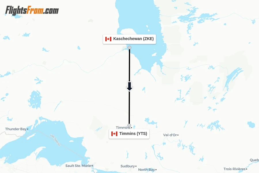 Flights from Kaschechewan to Timmins route map