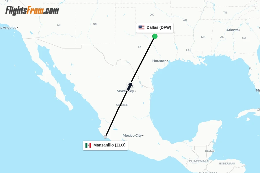 Flights from Manzanillo to Dallas route map