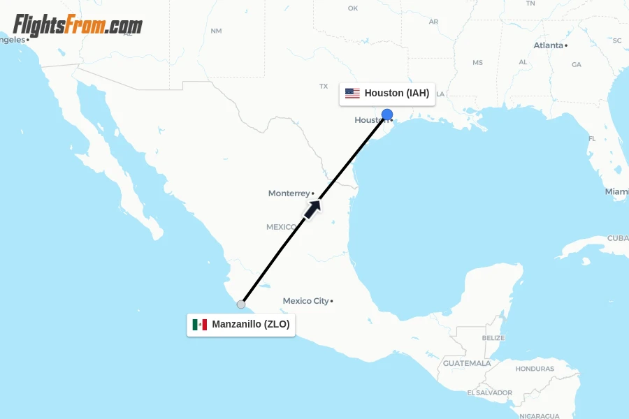 Flights from Manzanillo to Houston route map