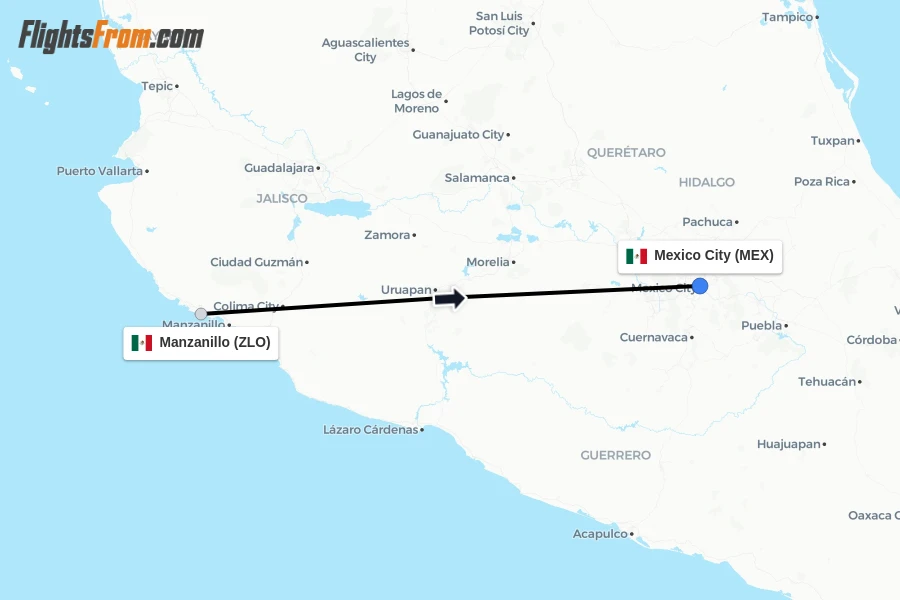 Flights from Manzanillo to Mexico City route map