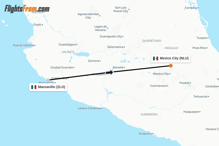 Flights from Manzanillo to Mexico City route map