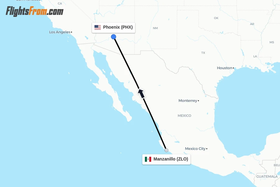 Flights from Manzanillo to Phoenix route map