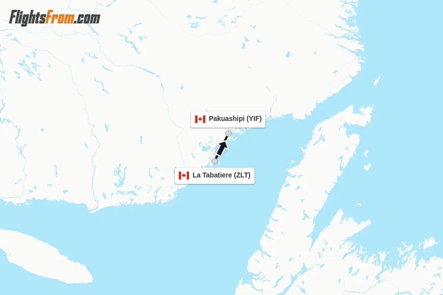 Flights from La Tabatiere to Pakuashipi route map