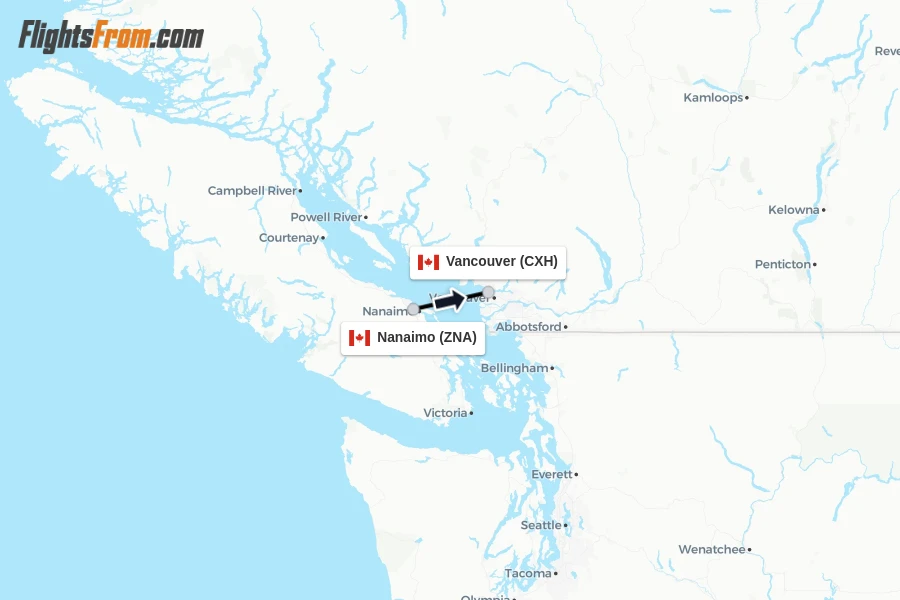 Flights from Nanaimo to Vancouver route map