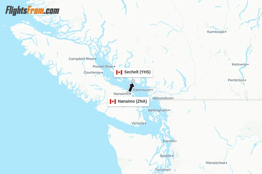 Flights from Nanaimo to Sechelt route map