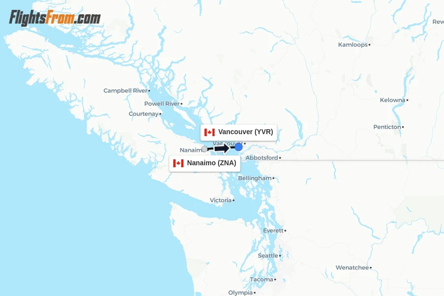 Flights from Nanaimo to Vancouver route map