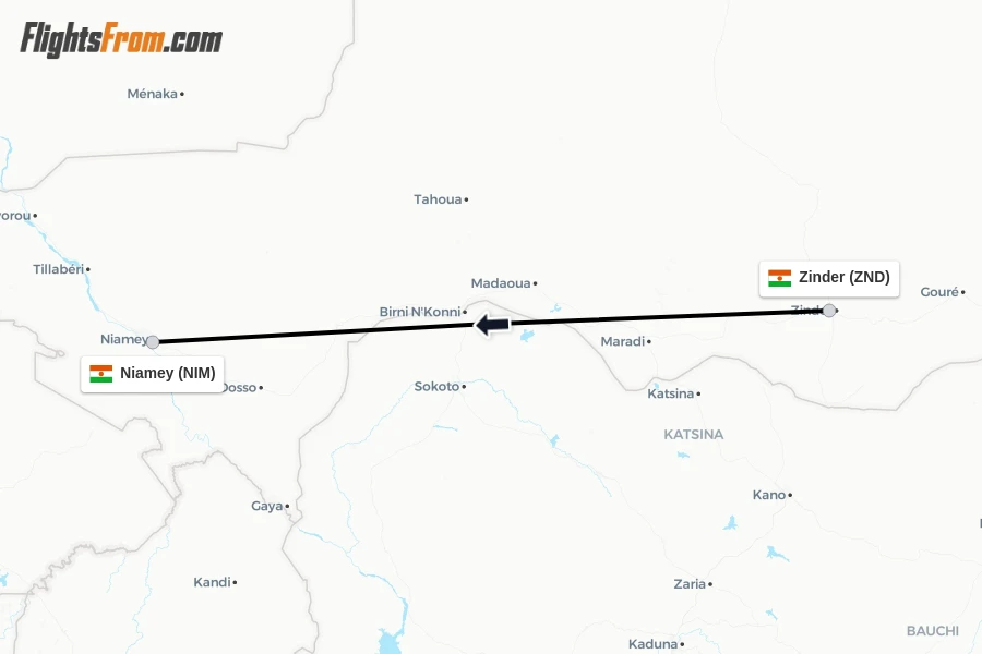Flights from Zinder to Niamey route map