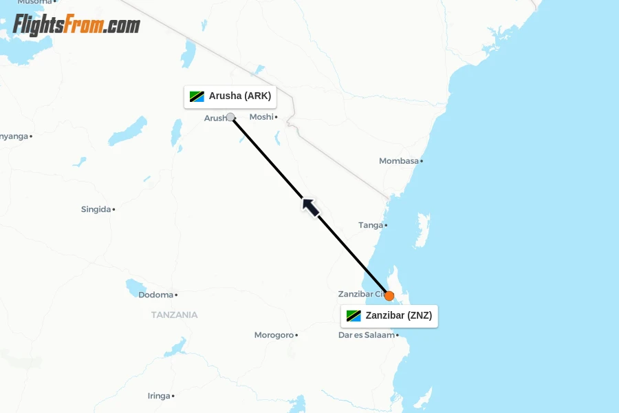 Flights from Zanzibar to Arusha route map