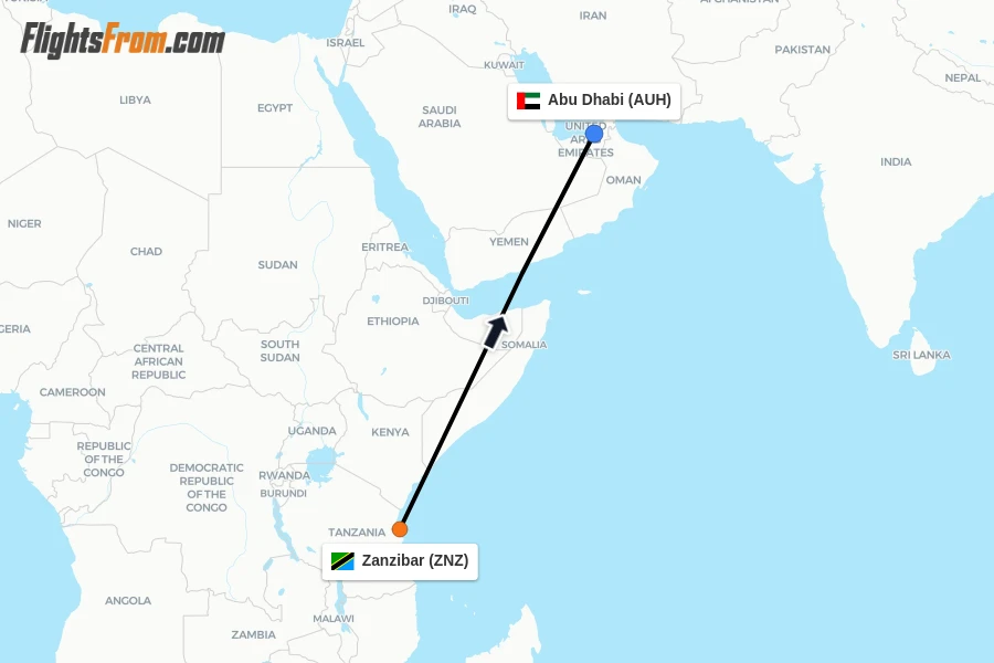 Flights from Zanzibar to Abu Dhabi route map