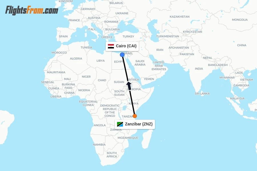 Flights from Zanzibar to Cairo route map