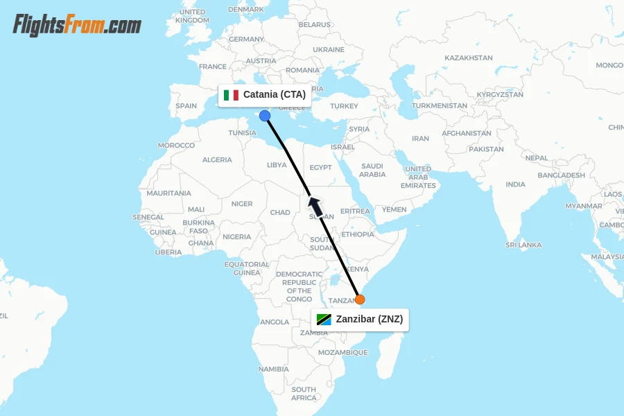 Flights from Zanzibar to Catania route map