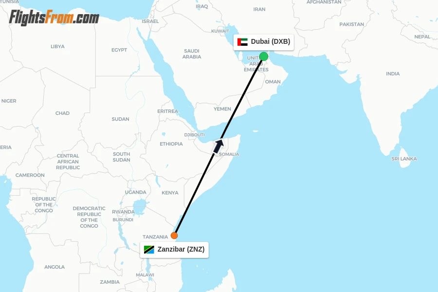 Flights from Zanzibar to Dubai route map