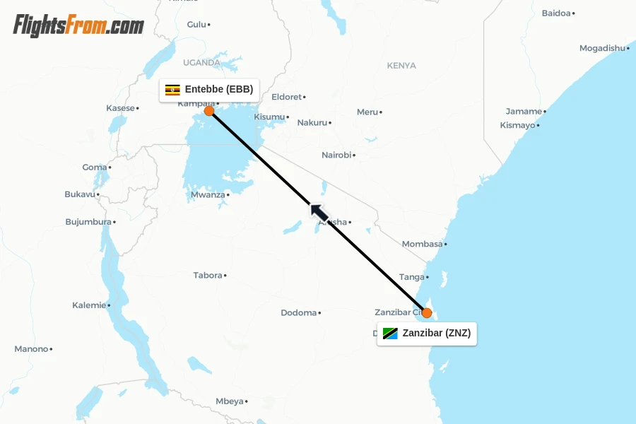 Flights from Zanzibar to Entebbe route map