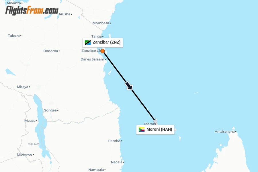 Flights from Zanzibar to Moroni route map
