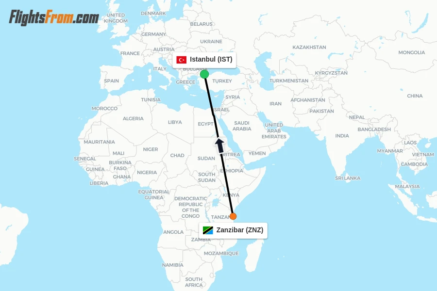 Flights from Zanzibar to Istanbul route map