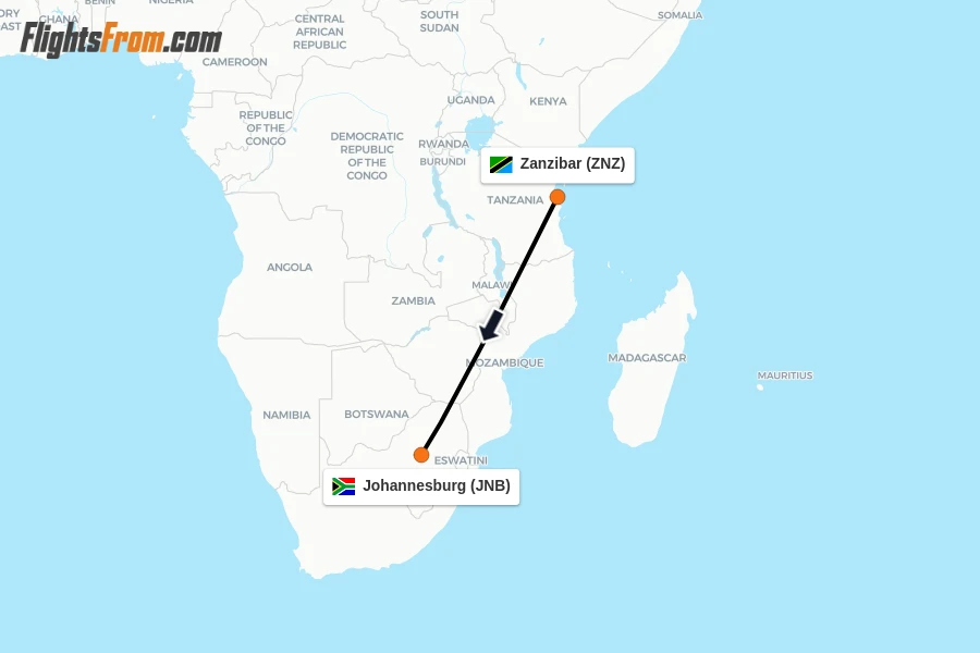 Flights from Zanzibar to Johannesburg route map