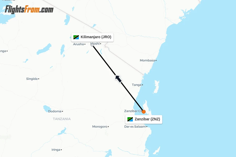 Flights from Zanzibar to Kilimanjaro route map