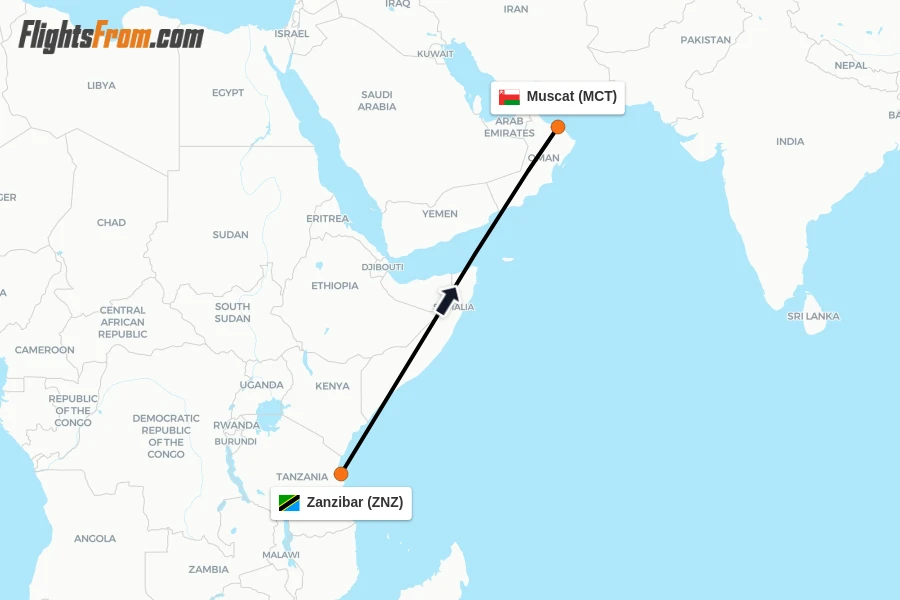 Flights from Zanzibar to Muscat route map