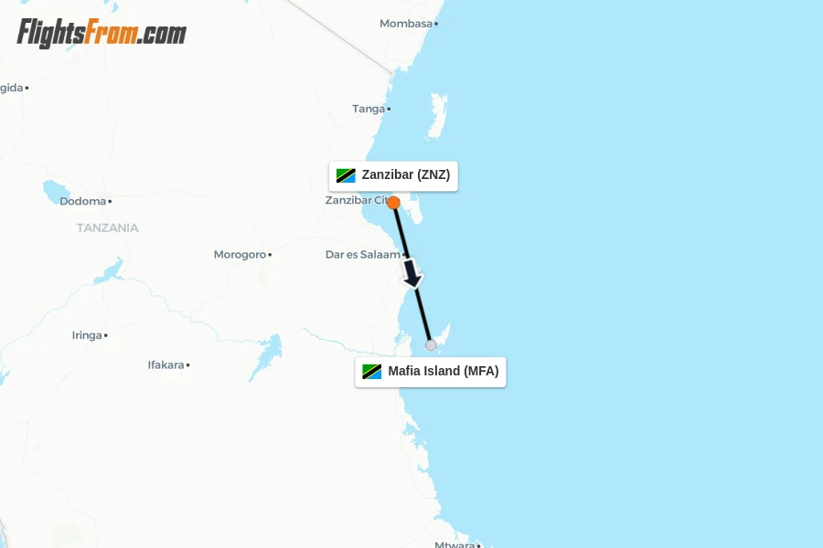 Flights from Zanzibar to Mafia Island route map