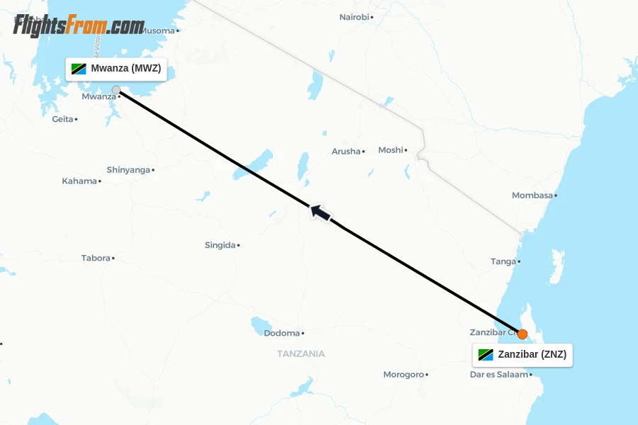 Flights from Zanzibar to Mwanza route map
