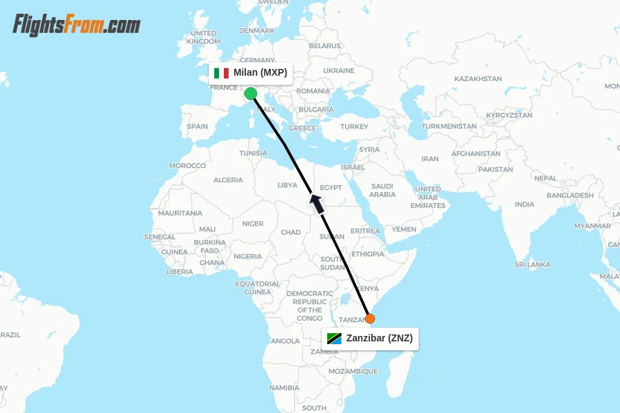 Flights from Zanzibar to Milan route map
