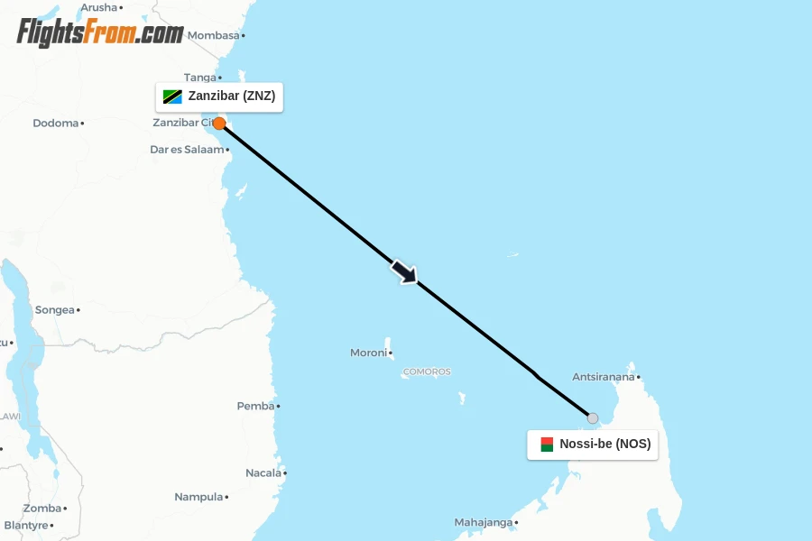 Flights from Zanzibar to Nossi-be route map