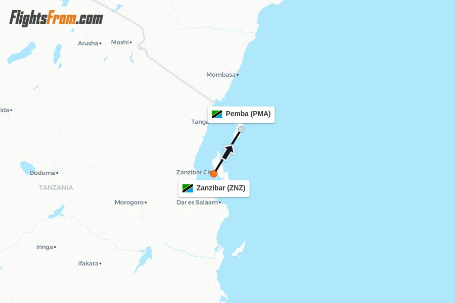 Flights from Zanzibar to Pemba route map