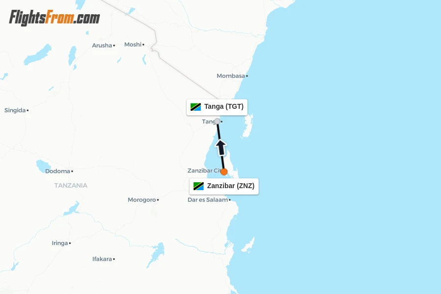 Flights from Zanzibar to Tanga route map