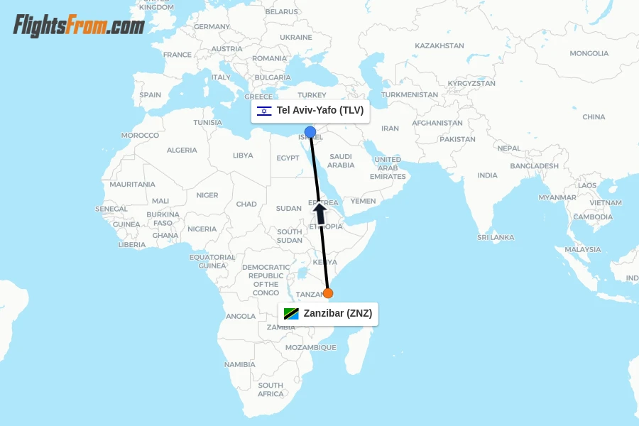 Flights from Zanzibar to Tel Aviv-Yafo route map