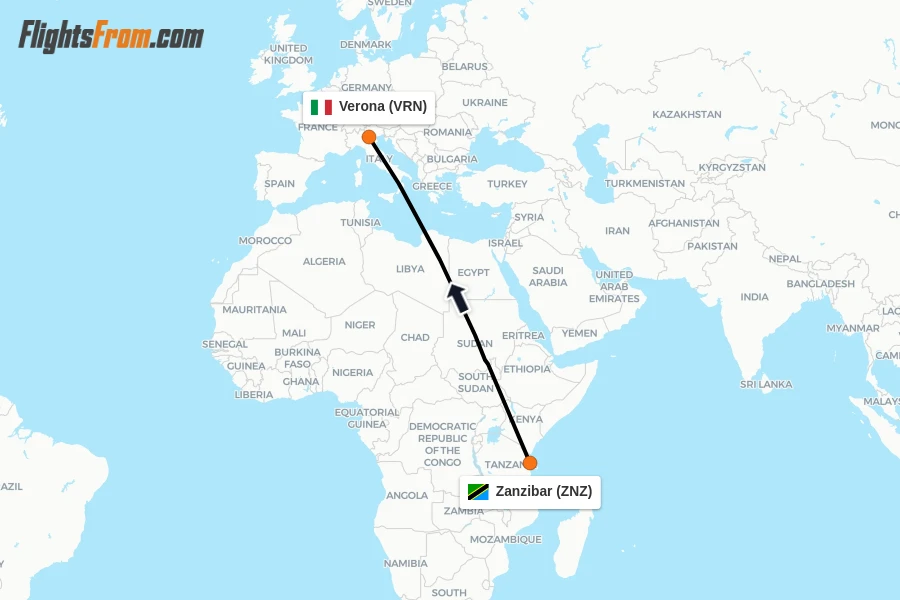 Flights from Zanzibar to Verona route map