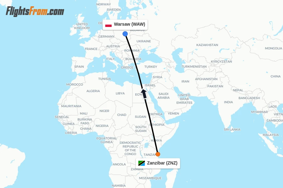 Flights from Zanzibar to Warsaw route map