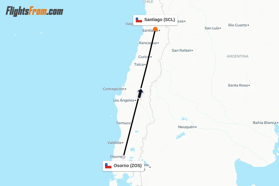 Flights from Osorno to Santiago route map