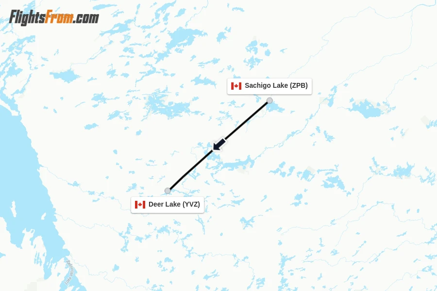 Flights from Sachigo Lake to Deer Lake route map