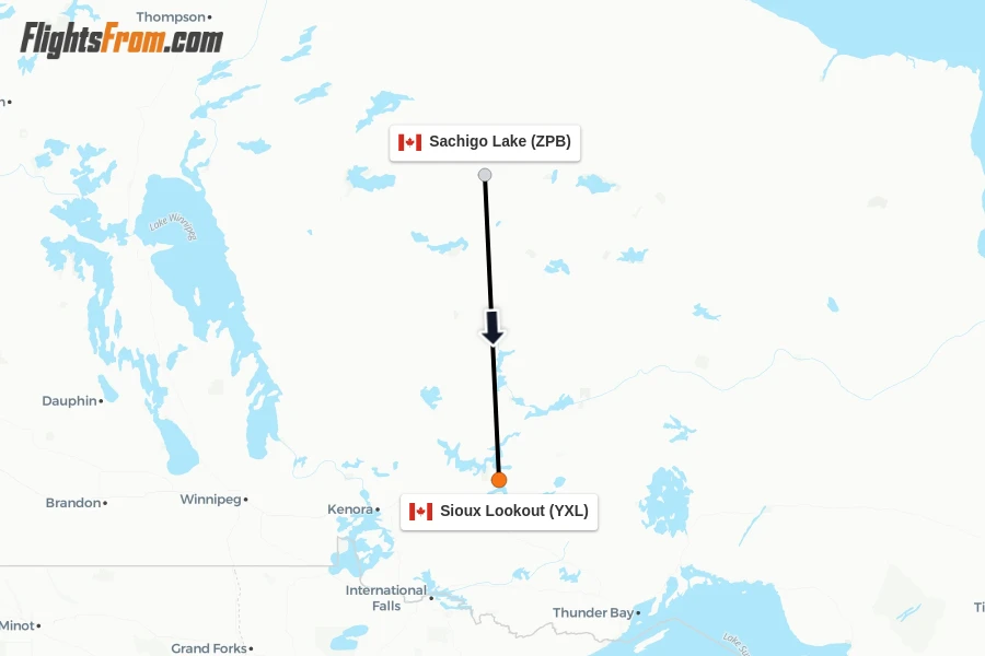 Flights from Sachigo Lake to Sioux Lookout route map