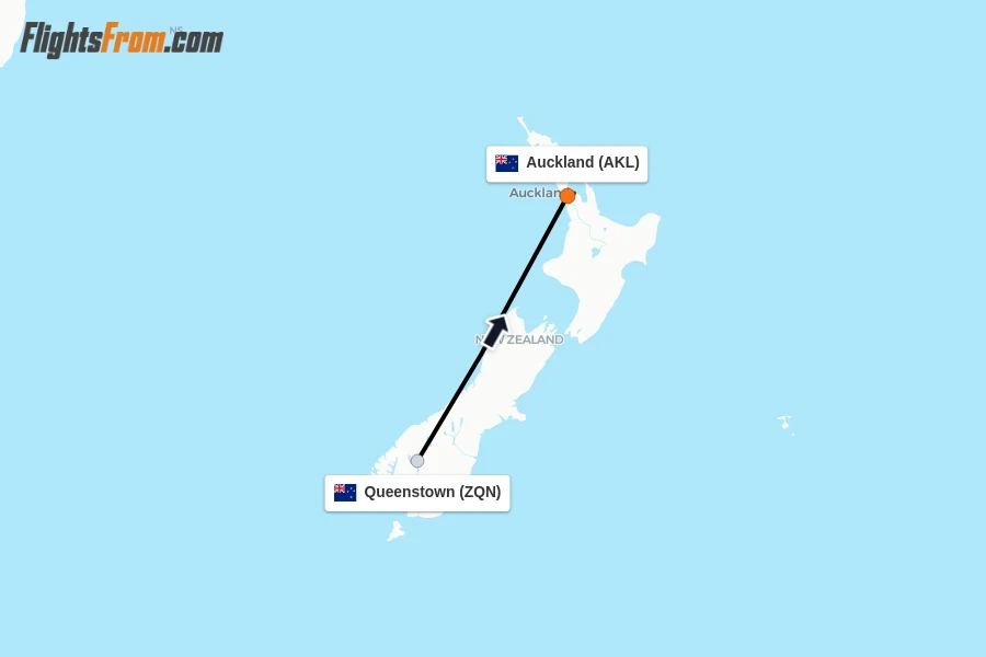 Flights from Queenstown to Auckland route map