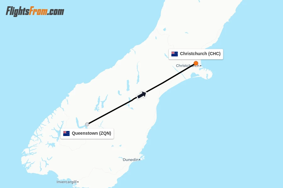 Flights from Queenstown to Christchurch route map