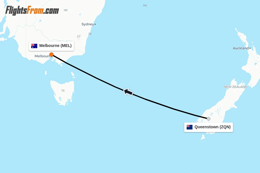 Flights from Queenstown to Melbourne route map