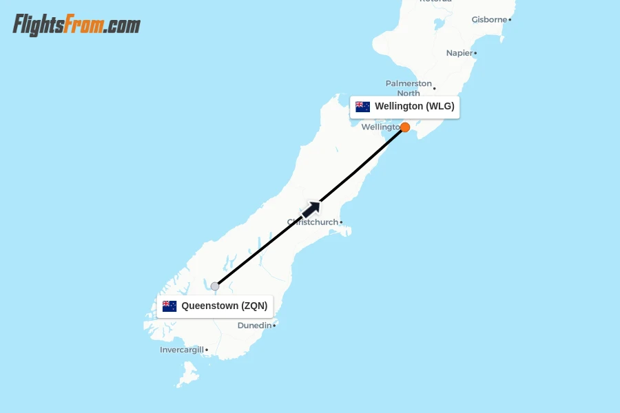 Flights from Queenstown to Wellington route map