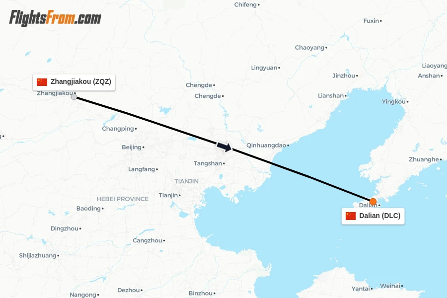 Flights from Zhangjiakou to Dalian route map