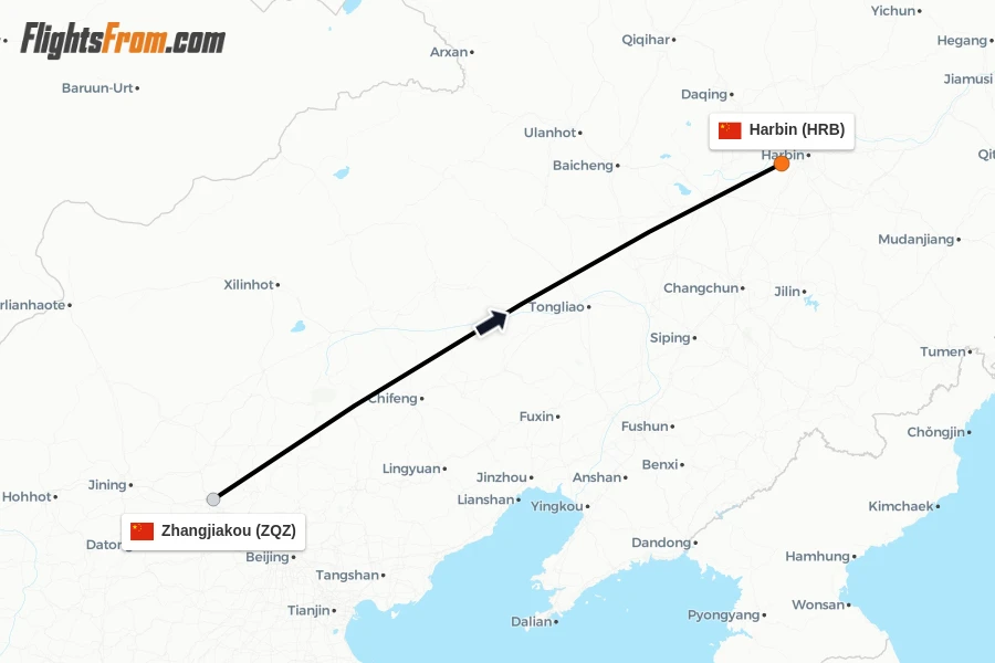Flights from Zhangjiakou to Harbin route map